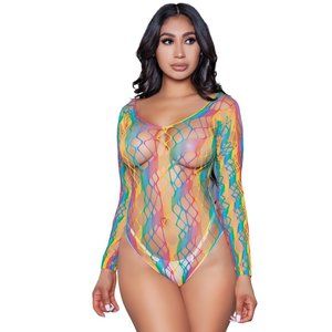 Rainbow Striped Long Sleeve Webbed Wide Net Bodysuit